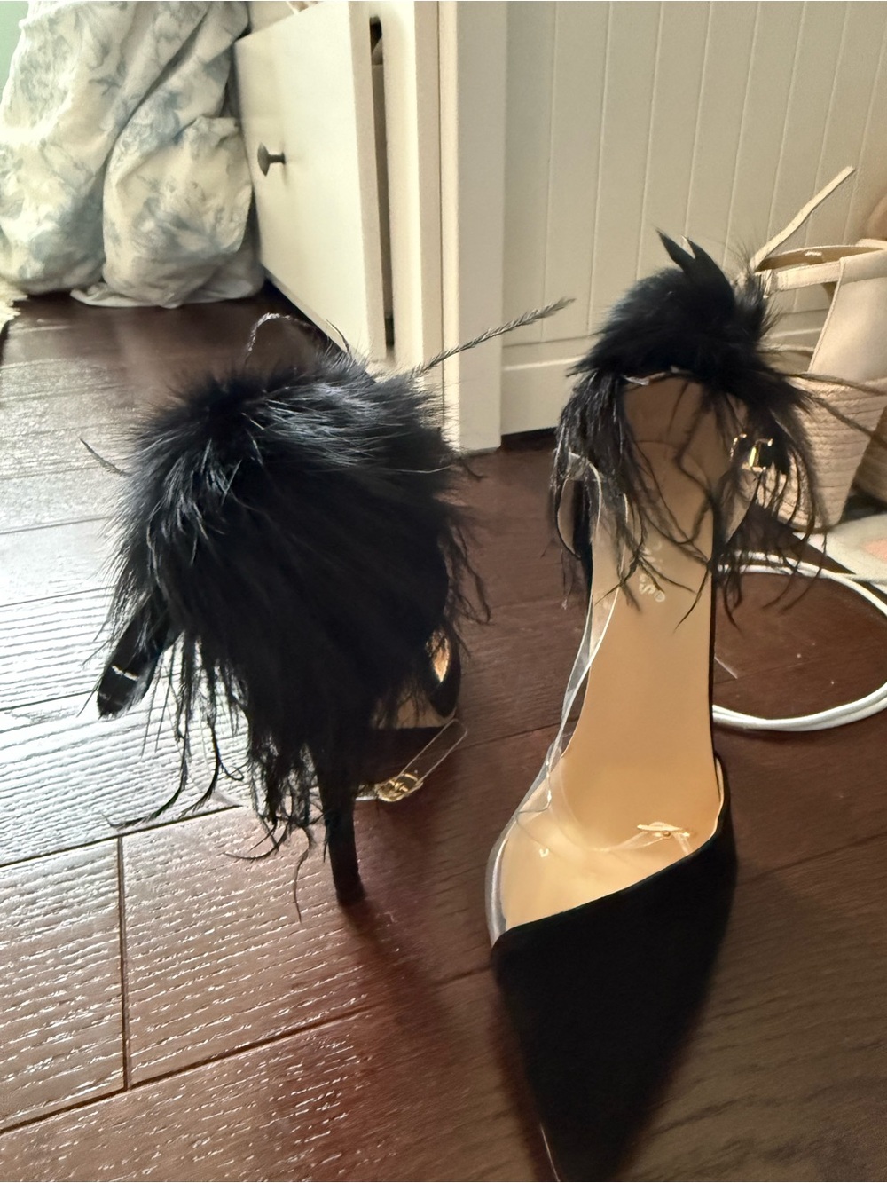 Black Feather-Trim Pointed Toe Womens Heels
